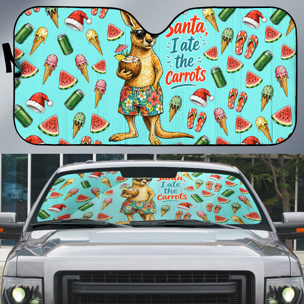 Aussie Christmas Santa Auto Sun Shade Retro Cartoon Summer Holiday Beach - I Ate The Carrots Kangaroo