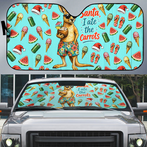 Aussie Christmas Santa Auto Sun Shade Retro Cartoon Summer Holiday Beach - I Ate The Carrots Kangaroo