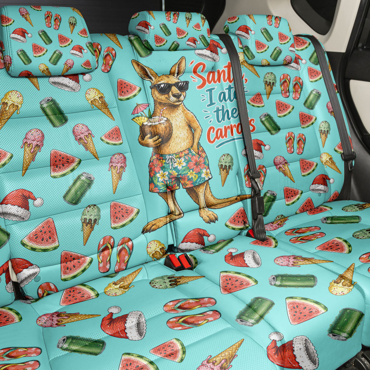 Aussie Christmas Santa Back Car Seat Cover Retro Cartoon Summer Holiday Beach - I Ate The Carrots Kangaroo