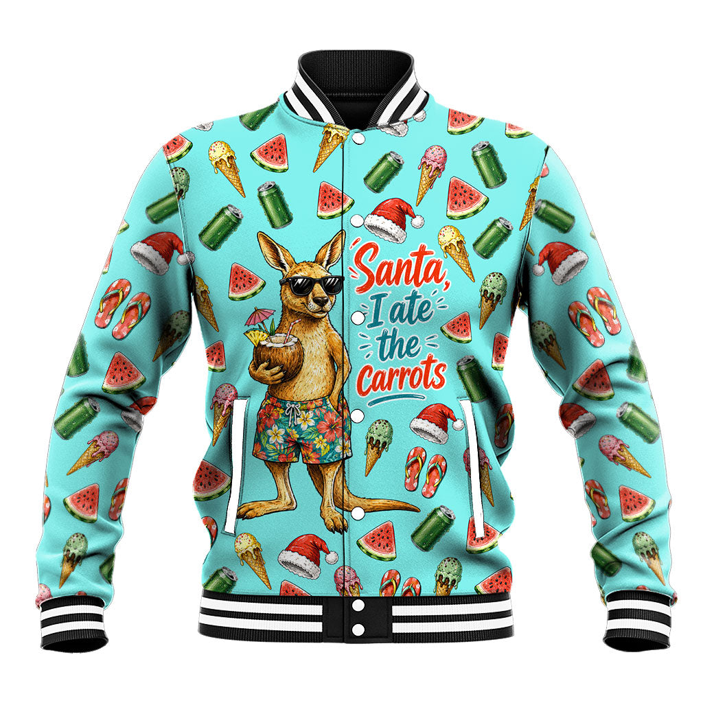 Aussie Christmas Santa Baseball Jacket Retro Cartoon Summer Holiday Beach - I Ate The Carrots Kangaroo