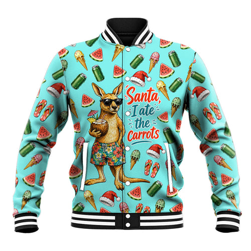 Aussie Christmas Santa Baseball Jacket Retro Cartoon Summer Holiday Beach - I Ate The Carrots Kangaroo