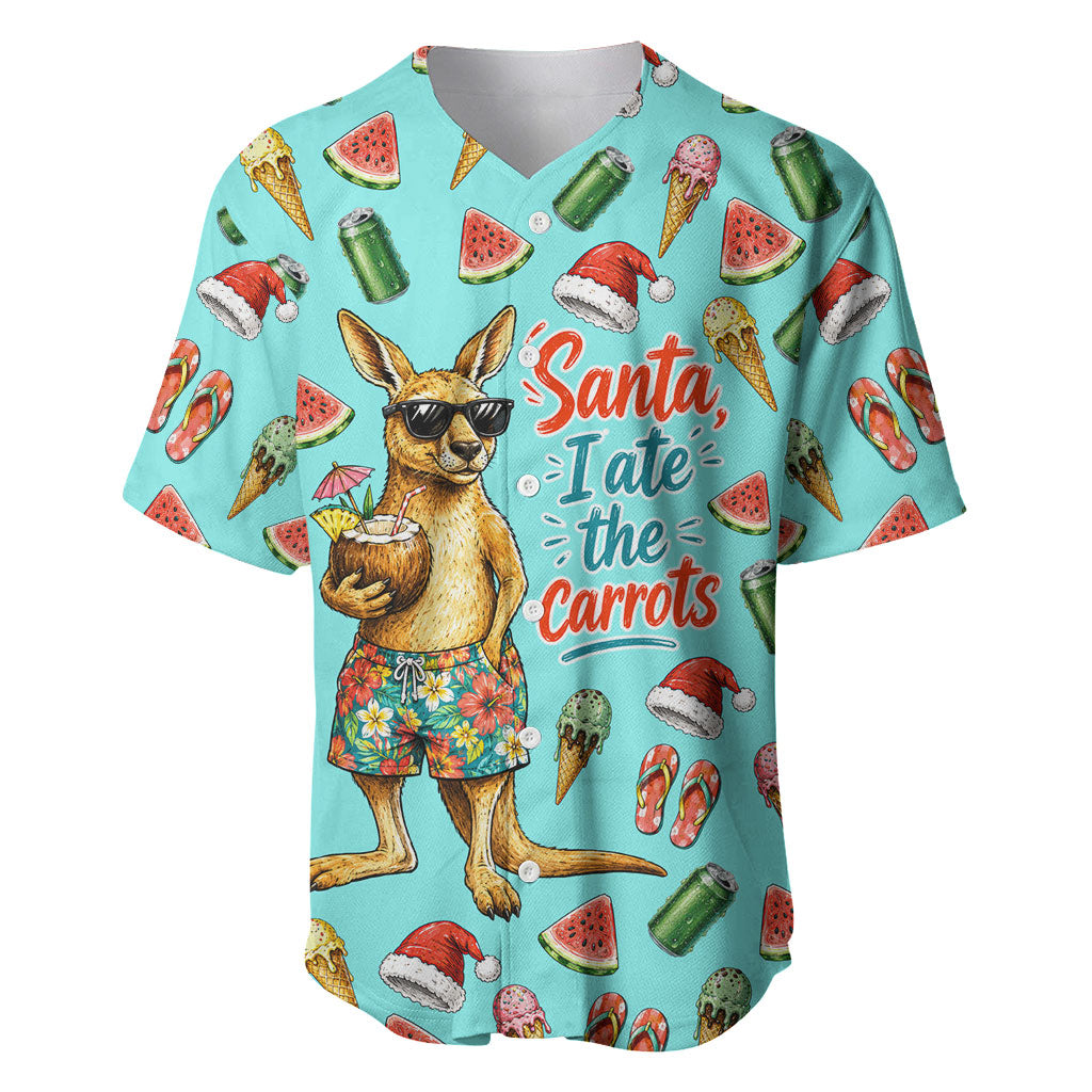 Aussie Christmas Santa Baseball Jersey Retro Cartoon Summer Holiday Beach - I Ate The Carrots Kangaroo
