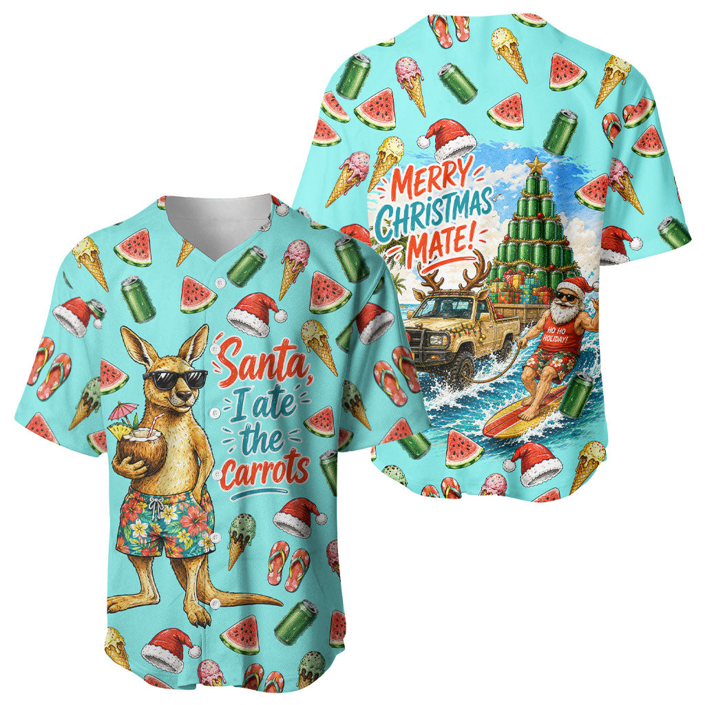Aussie Christmas Santa Baseball Jersey Retro Cartoon Summer Holiday Beach - I Ate The Carrots Kangaroo
