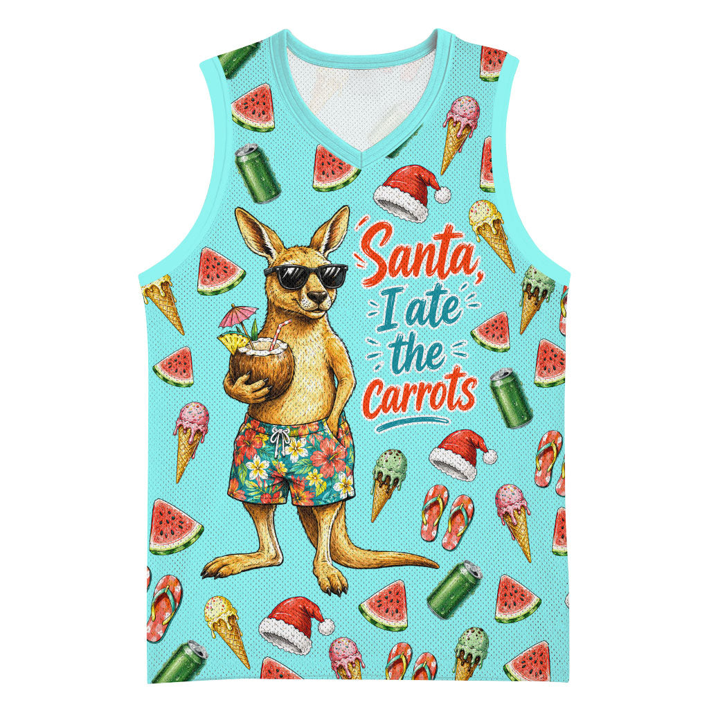 Aussie Christmas Santa Basketball Jersey Retro Cartoon Summer Holiday Beach - I Ate The Carrots Kangaroo