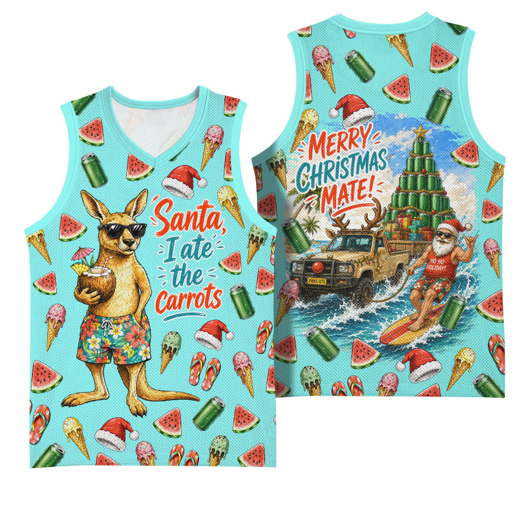 Aussie Christmas Santa Basketball Jersey Retro Cartoon Summer Holiday Beach - I Ate The Carrots Kangaroo