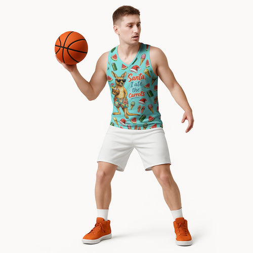 Aussie Christmas Santa Basketball Jersey Retro Cartoon Summer Holiday Beach - I Ate The Carrots Kangaroo