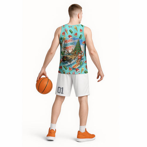 Aussie Christmas Santa Basketball Jersey Retro Cartoon Summer Holiday Beach - I Ate The Carrots Kangaroo