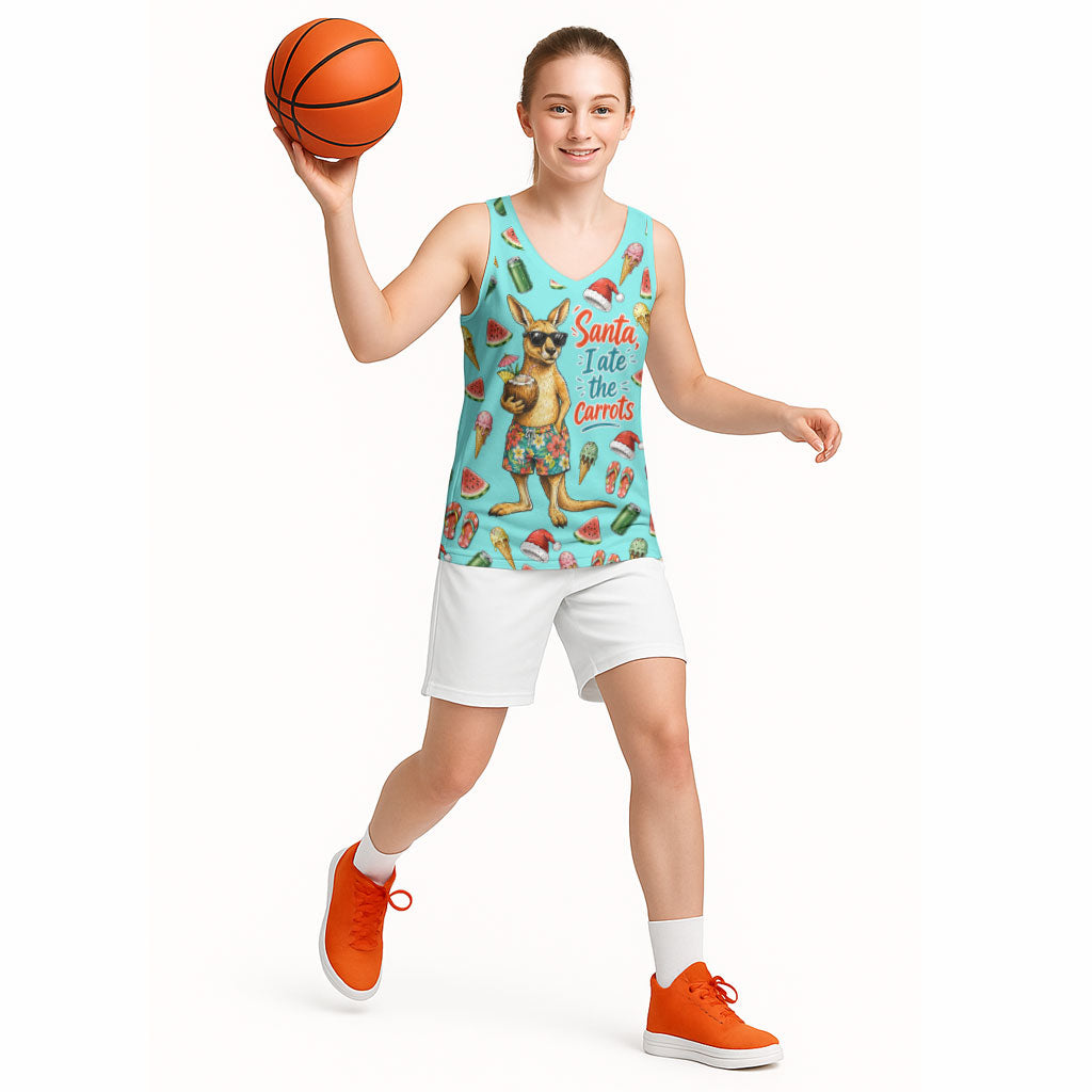 Aussie Christmas Santa Basketball Jersey Retro Cartoon Summer Holiday Beach - I Ate The Carrots Kangaroo