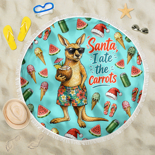Aussie Christmas Santa Beach Blanket Retro Cartoon Summer Holiday Beach - I Ate The Carrots Kangaroo