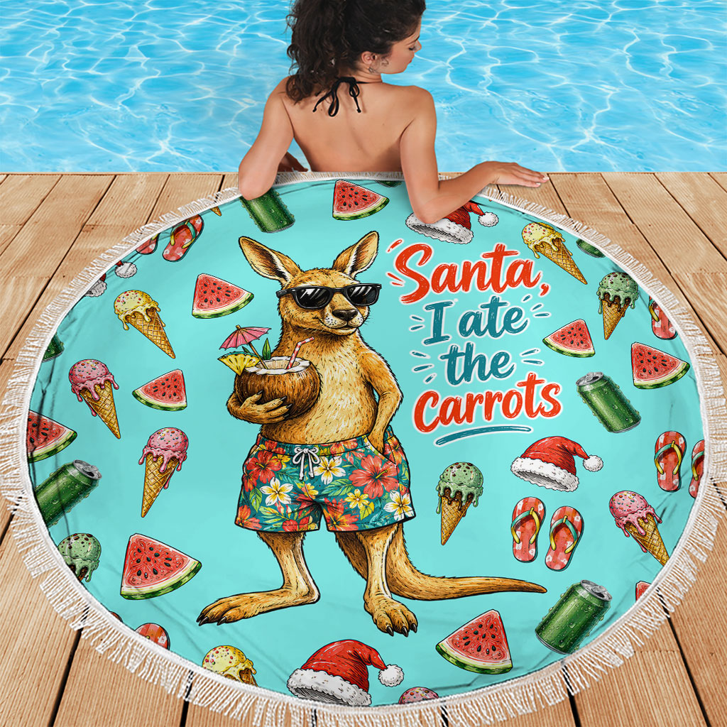 Aussie Christmas Santa Beach Blanket Retro Cartoon Summer Holiday Beach - I Ate The Carrots Kangaroo