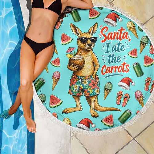 Aussie Christmas Santa Beach Blanket Retro Cartoon Summer Holiday Beach - I Ate The Carrots Kangaroo
