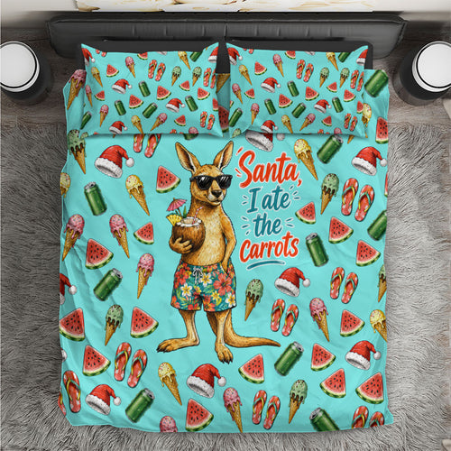 Aussie Christmas Santa Bedding Set Retro Cartoon Summer Holiday Beach - I Ate The Carrots Kangaroo