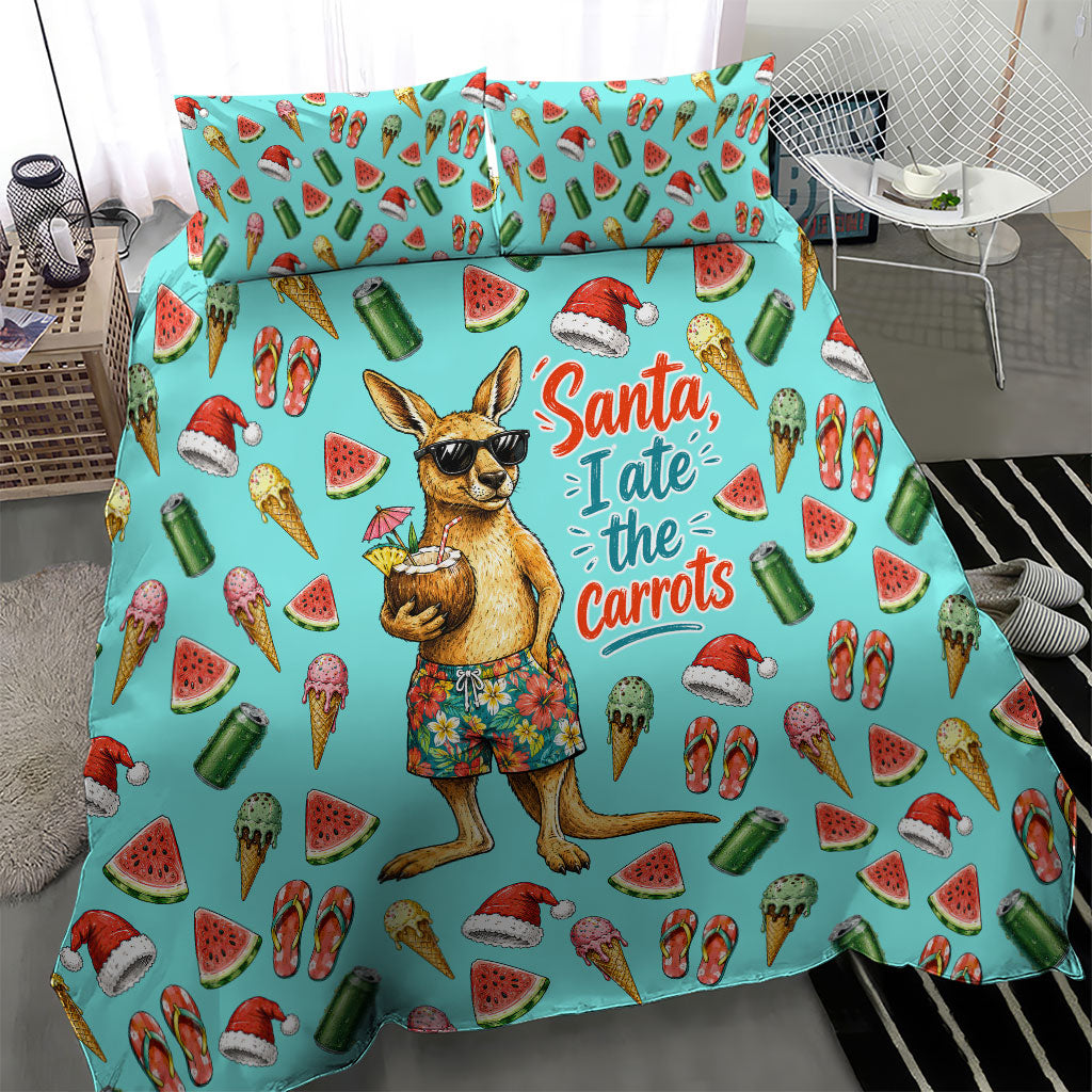 Aussie Christmas Santa Bedding Set Retro Cartoon Summer Holiday Beach - I Ate The Carrots Kangaroo