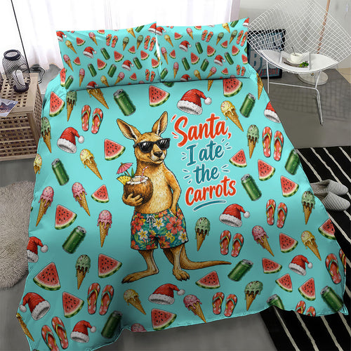 Aussie Christmas Santa Bedding Set Retro Cartoon Summer Holiday Beach - I Ate The Carrots Kangaroo