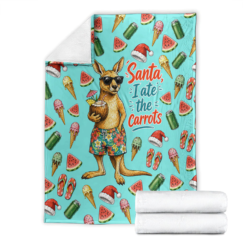 Aussie Christmas Santa Blanket Retro Cartoon Summer Holiday Beach - I Ate The Carrots Kangaroo
