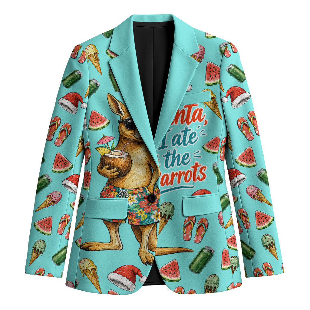 Aussie Christmas Santa Blazer Retro Cartoon Summer Holiday Beach - I Ate The Carrots Kangaroo