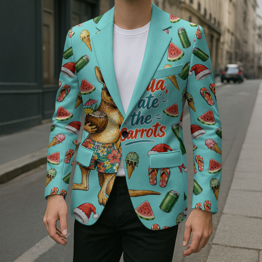 Aussie Christmas Santa Blazer Retro Cartoon Summer Holiday Beach - I Ate The Carrots Kangaroo