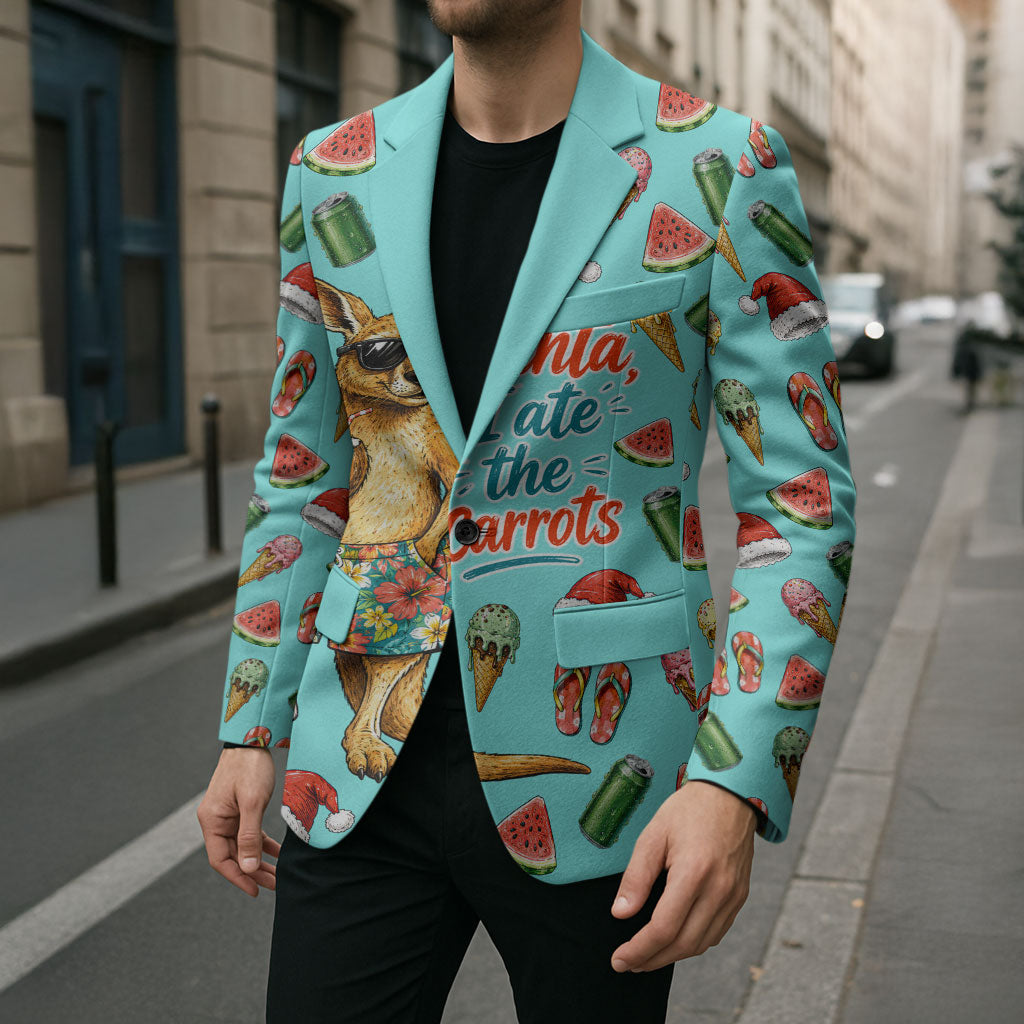 Aussie Christmas Santa Blazer Retro Cartoon Summer Holiday Beach - I Ate The Carrots Kangaroo