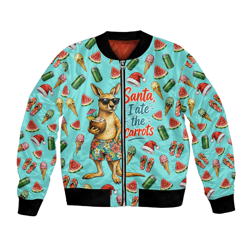 Aussie Christmas Santa Bomber Jacket Retro Cartoon Summer Holiday Beach - I Ate The Carrots Kangaroo