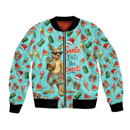 Aussie Christmas Santa Bomber Jacket Retro Cartoon Summer Holiday Beach - I Ate The Carrots Kangaroo