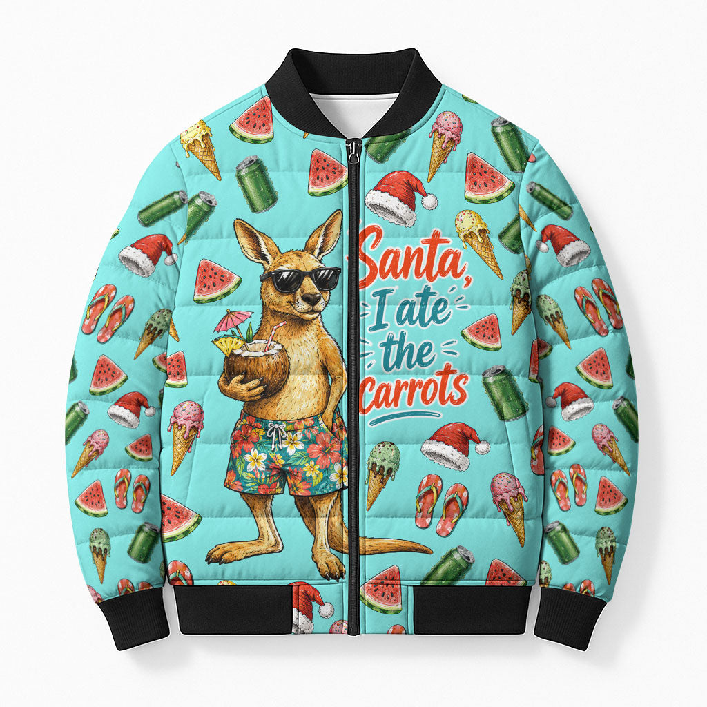 Aussie Christmas Santa Bomber Puffer Jacket Retro Cartoon Summer Holiday Beach - I Ate The Carrots Kangaroo