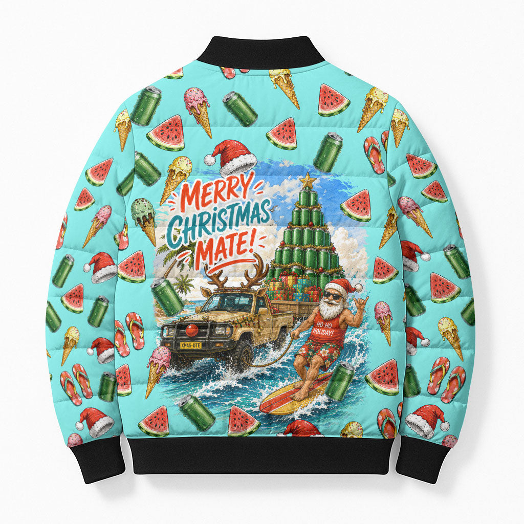 Aussie Christmas Santa Bomber Puffer Jacket Retro Cartoon Summer Holiday Beach - I Ate The Carrots Kangaroo