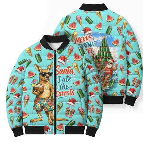 Aussie Christmas Santa Bomber Puffer Jacket Retro Cartoon Summer Holiday Beach - I Ate The Carrots Kangaroo