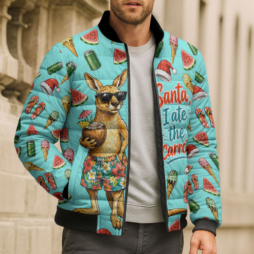Aussie Christmas Santa Bomber Puffer Jacket Retro Cartoon Summer Holiday Beach - I Ate The Carrots Kangaroo
