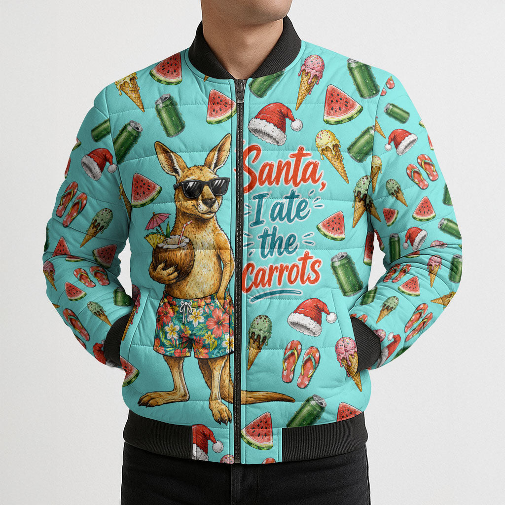 Aussie Christmas Santa Bomber Puffer Jacket Retro Cartoon Summer Holiday Beach - I Ate The Carrots Kangaroo