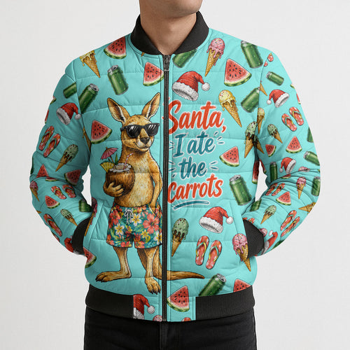 Aussie Christmas Santa Bomber Puffer Jacket Retro Cartoon Summer Holiday Beach - I Ate The Carrots Kangaroo
