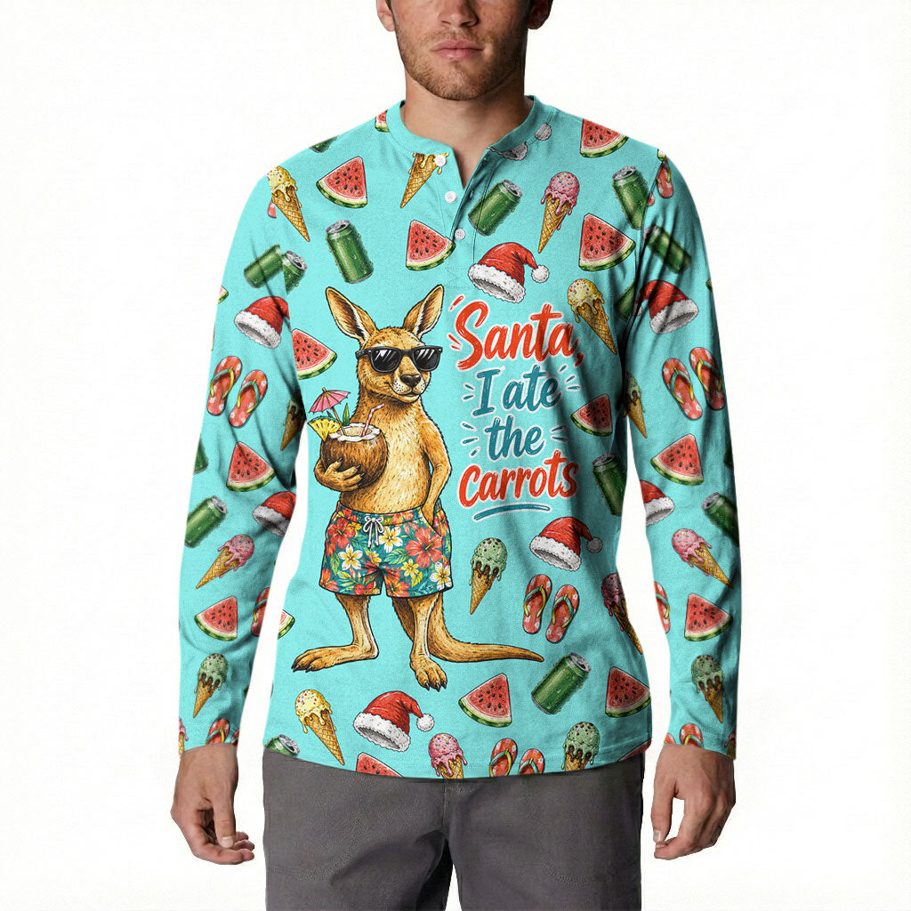 Aussie Christmas Santa Button Sweatshirt Retro Cartoon Summer Holiday Beach - I Ate The Carrots Kangaroo