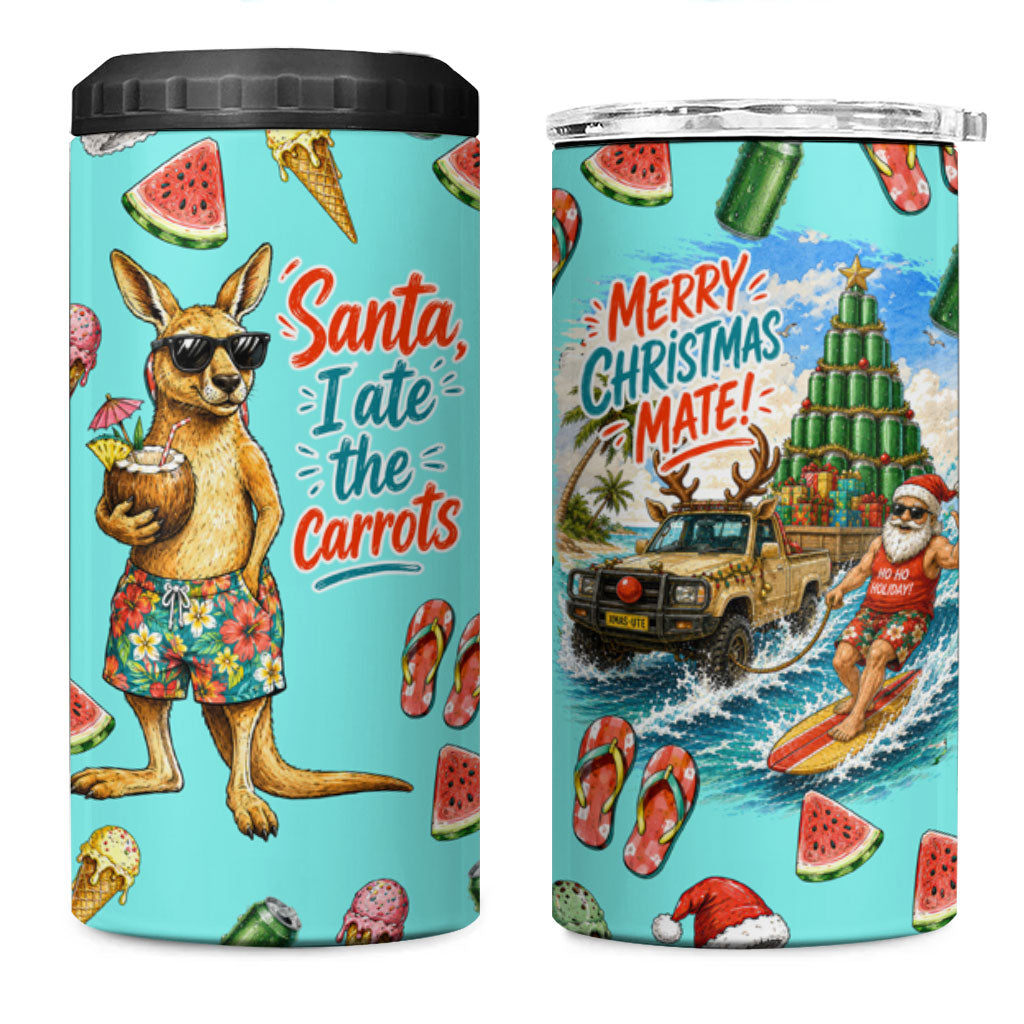 Aussie Christmas Santa 4 in 1 Can Cooler Tumbler Retro Cartoon Summer Holiday Beach - I Ate The Carrots Kangaroo