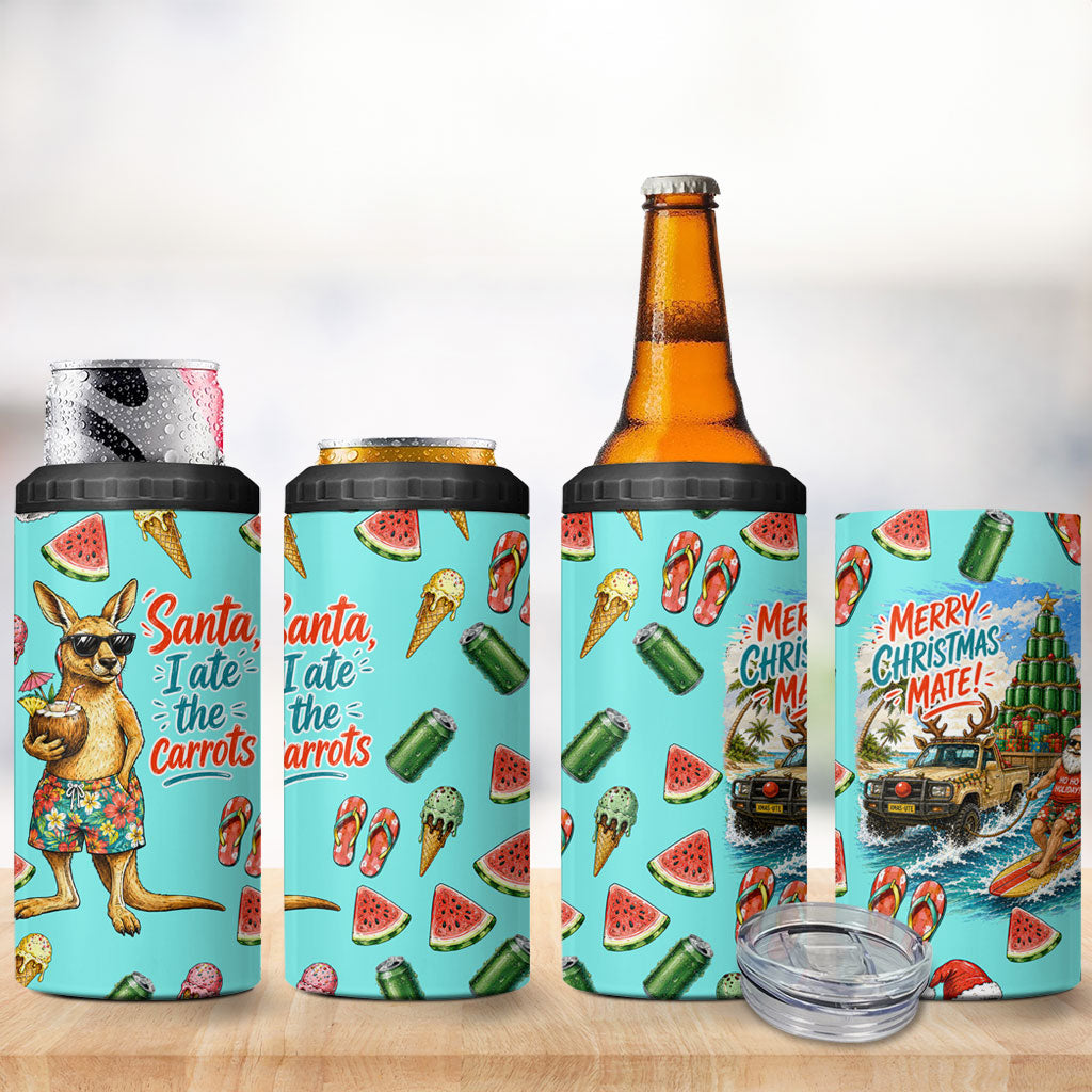 Aussie Christmas Santa 4 in 1 Can Cooler Tumbler Retro Cartoon Summer Holiday Beach - I Ate The Carrots Kangaroo