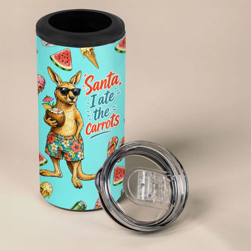 Aussie Christmas Santa 4 in 1 Can Cooler Tumbler Retro Cartoon Summer Holiday Beach - I Ate The Carrots Kangaroo