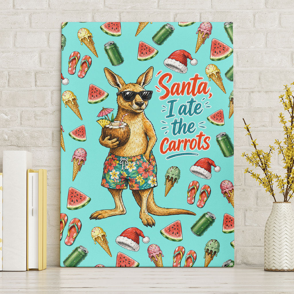 Aussie Christmas Santa Canvas Wall Art Retro Cartoon Summer Holiday Beach - I Ate The Carrots Kangaroo