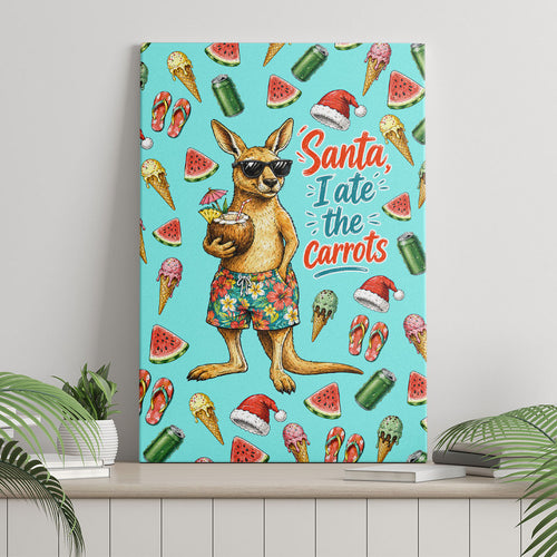 Aussie Christmas Santa Canvas Wall Art Retro Cartoon Summer Holiday Beach - I Ate The Carrots Kangaroo