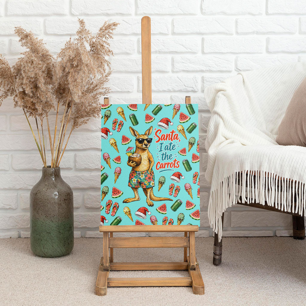 Aussie Christmas Santa Canvas Wall Art Retro Cartoon Summer Holiday Beach - I Ate The Carrots Kangaroo