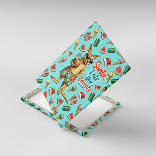 Aussie Christmas Santa Canvas Wall Art Retro Cartoon Summer Holiday Beach - I Ate The Carrots Kangaroo