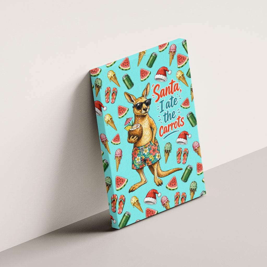 Aussie Christmas Santa Canvas Wall Art Retro Cartoon Summer Holiday Beach - I Ate The Carrots Kangaroo