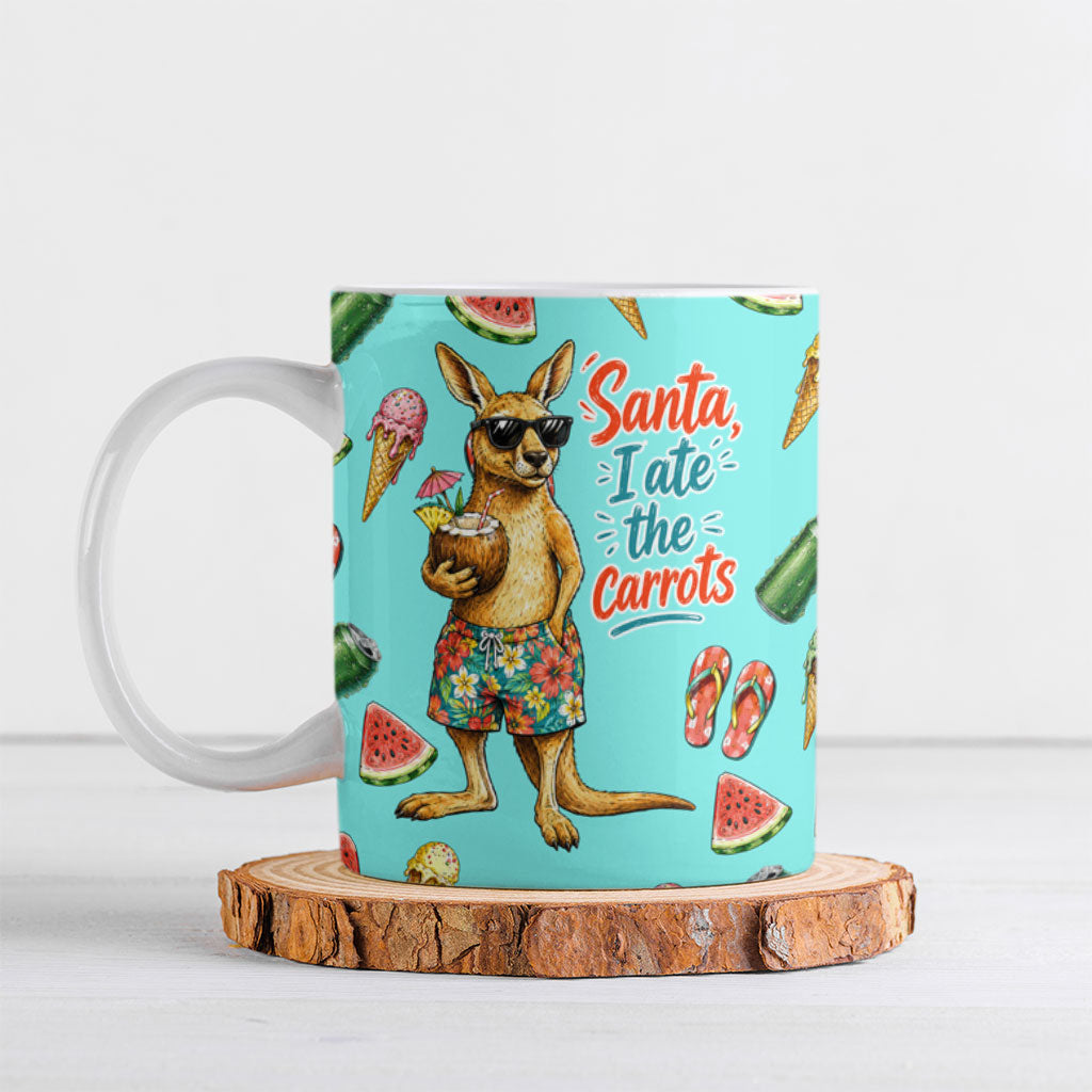 Aussie Christmas Santa Ceramic Mug Retro Cartoon Summer Holiday Beach - I Ate The Carrots Kangaroo