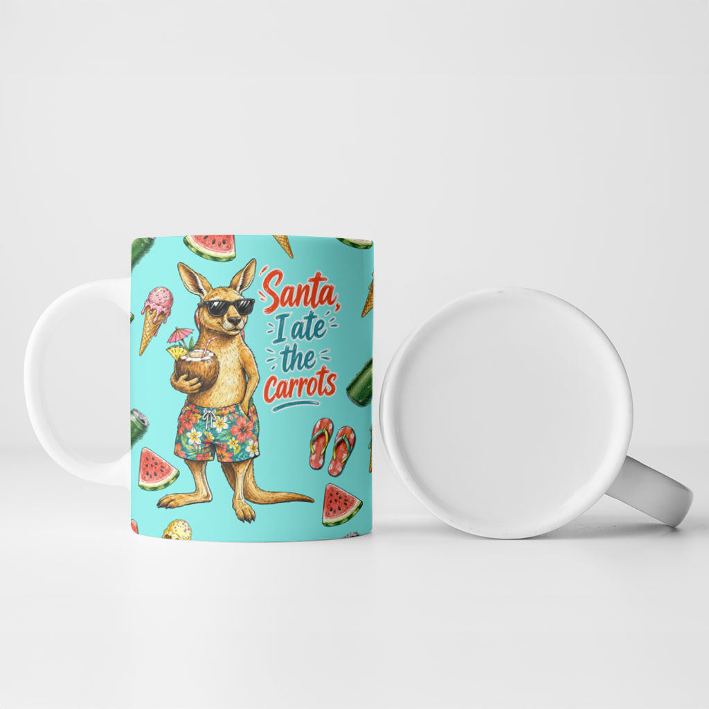 Aussie Christmas Santa Ceramic Mug Retro Cartoon Summer Holiday Beach - I Ate The Carrots Kangaroo