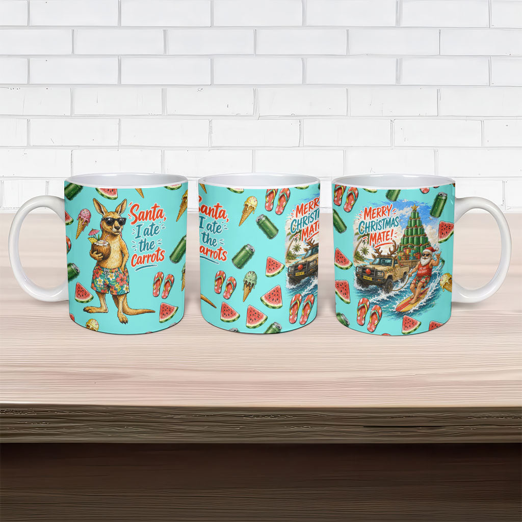 Aussie Christmas Santa Ceramic Mug Retro Cartoon Summer Holiday Beach - I Ate The Carrots Kangaroo