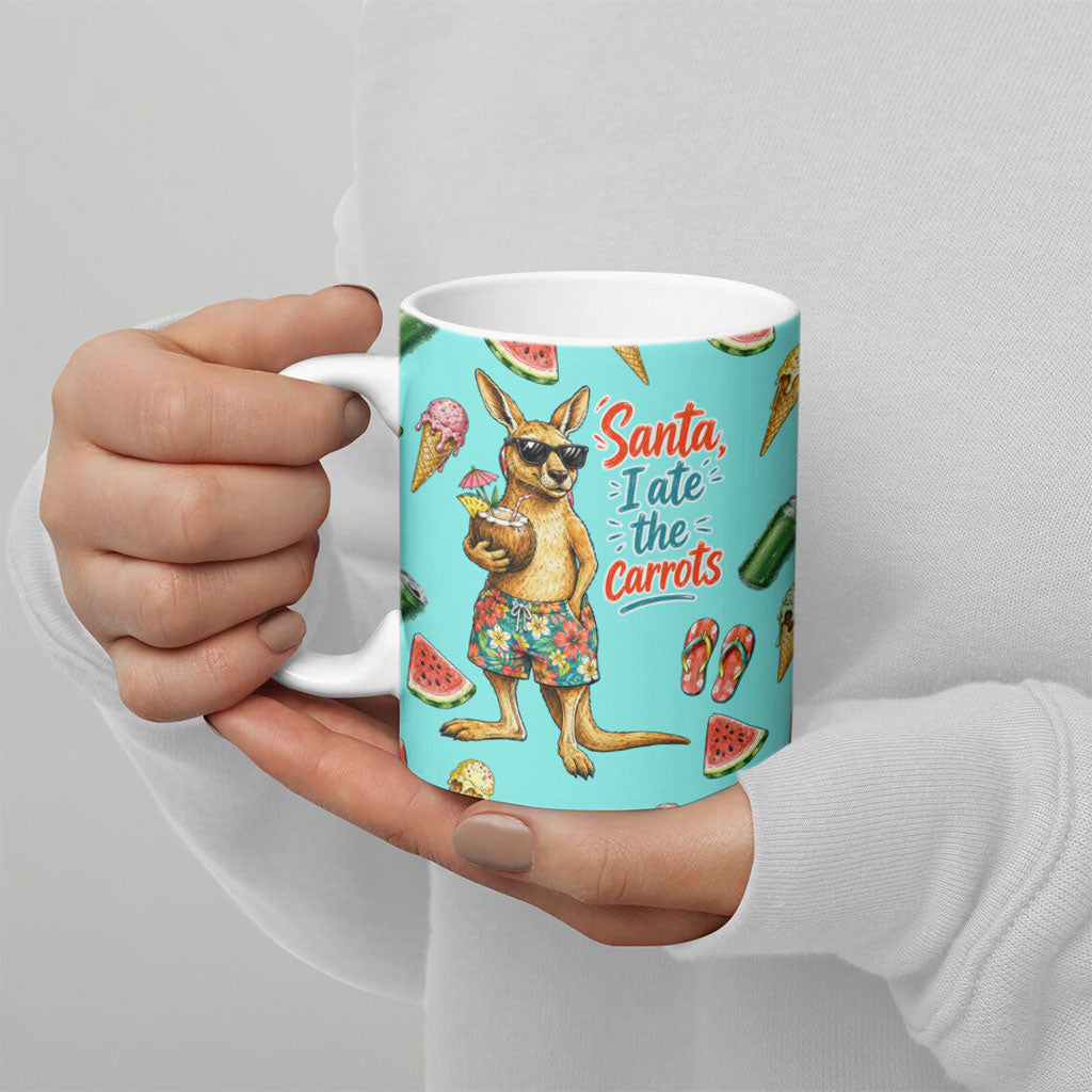 Aussie Christmas Santa Ceramic Mug Retro Cartoon Summer Holiday Beach - I Ate The Carrots Kangaroo