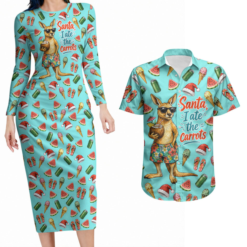 Aussie Christmas Santa Couples Matching Long Sleeve Bodycon Dress and Hawaiian Shirt Retro Cartoon Summer Holiday Beach - I Ate The Carrots Kangaroo