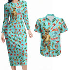 Aussie Christmas Santa Couples Matching Long Sleeve Bodycon Dress and Hawaiian Shirt Retro Cartoon Summer Holiday Beach - I Ate The Carrots Kangaroo