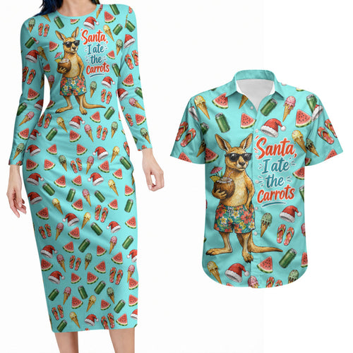 Aussie Christmas Santa Couples Matching Long Sleeve Bodycon Dress and Hawaiian Shirt Retro Cartoon Summer Holiday Beach - I Ate The Carrots Kangaroo