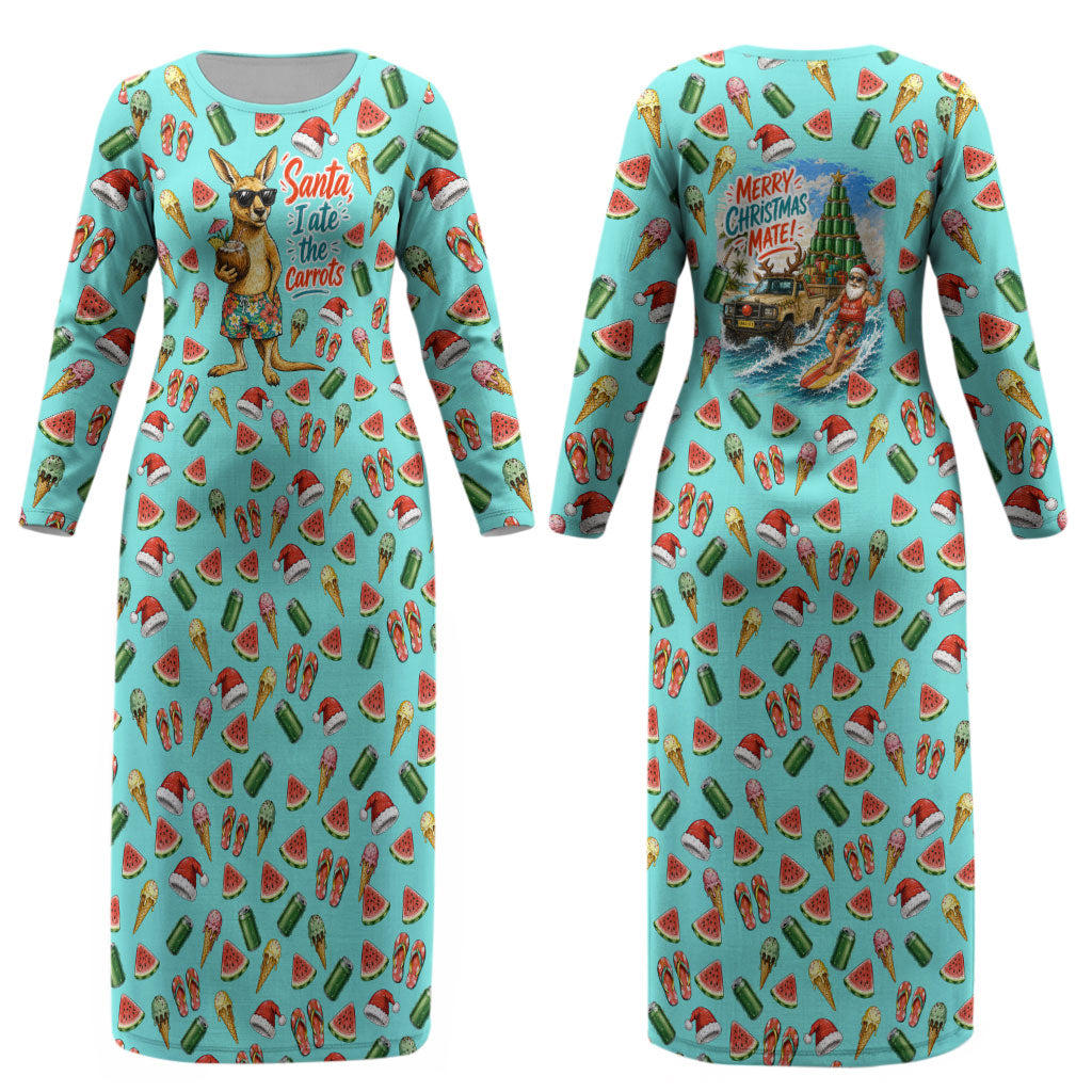 Aussie Christmas Santa Couples Matching Long Sleeve Bodycon Dress and Hawaiian Shirt Retro Cartoon Summer Holiday Beach - I Ate The Carrots Kangaroo