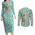 Aussie Christmas Santa Couples Matching Long Sleeve Bodycon Dress and Long Sleeve Button Shirt Retro Cartoon Summer Holiday Beach - I Ate The Carrots Kangaroo