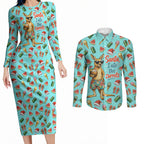 Aussie Christmas Santa Couples Matching Long Sleeve Bodycon Dress and Long Sleeve Button Shirt Retro Cartoon Summer Holiday Beach - I Ate The Carrots Kangaroo