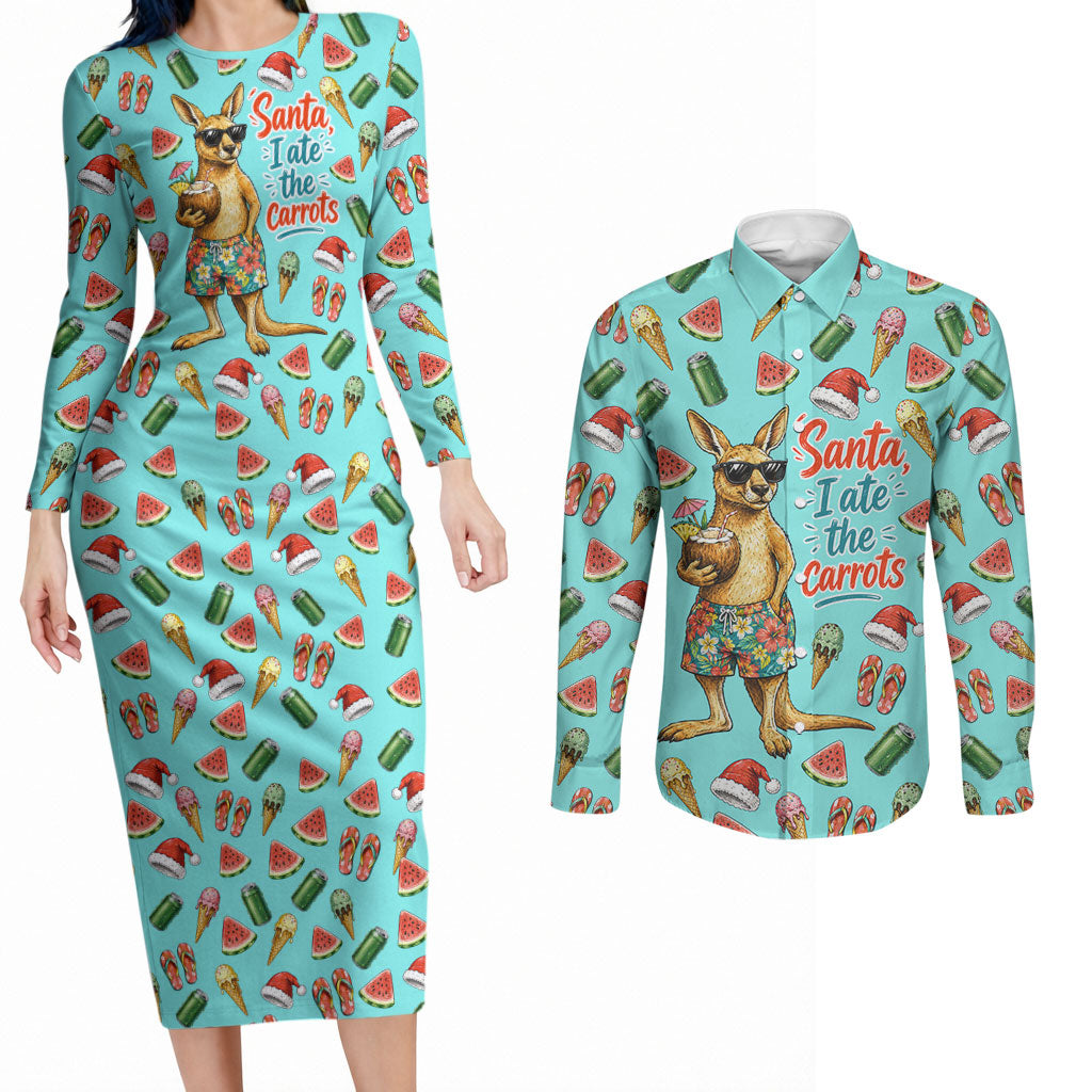 Aussie Christmas Santa Couples Matching Long Sleeve Bodycon Dress and Long Sleeve Button Shirt Retro Cartoon Summer Holiday Beach - I Ate The Carrots Kangaroo